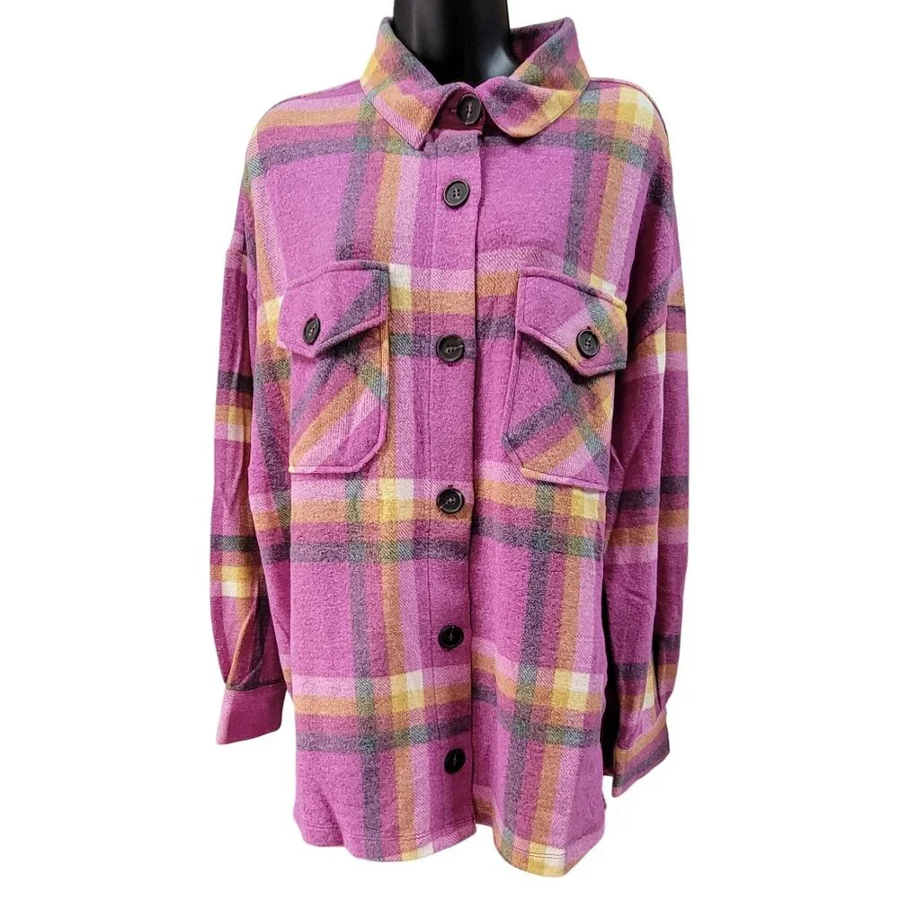 Zenana Shacket Shirt Jacket Magenta Plaid Pockets Cozy Soft Womens Large New - Picture 1 of 10